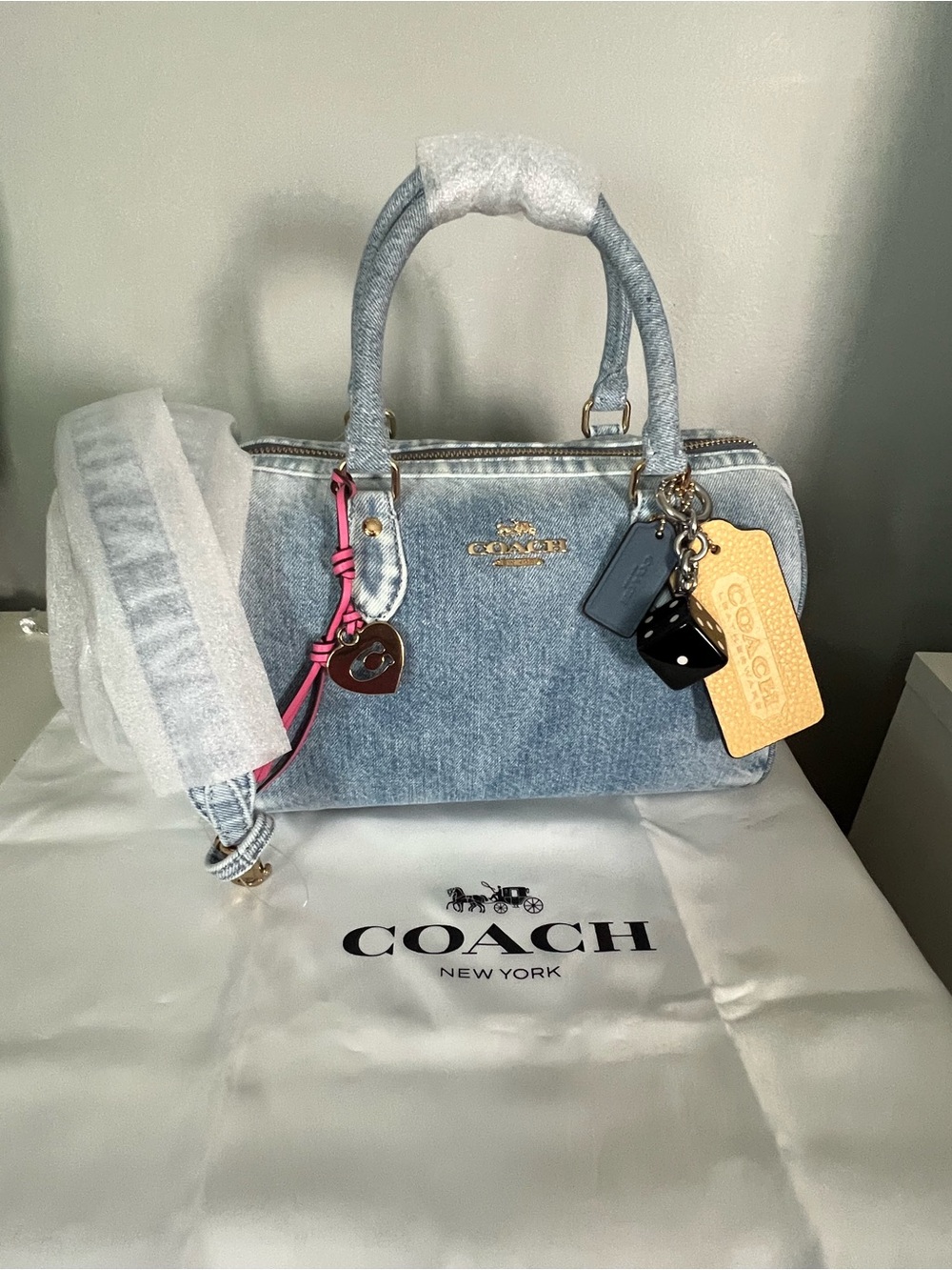 Coach Rowan Satchel Bag In Loved Denim With Charms - Picture 1 of 6